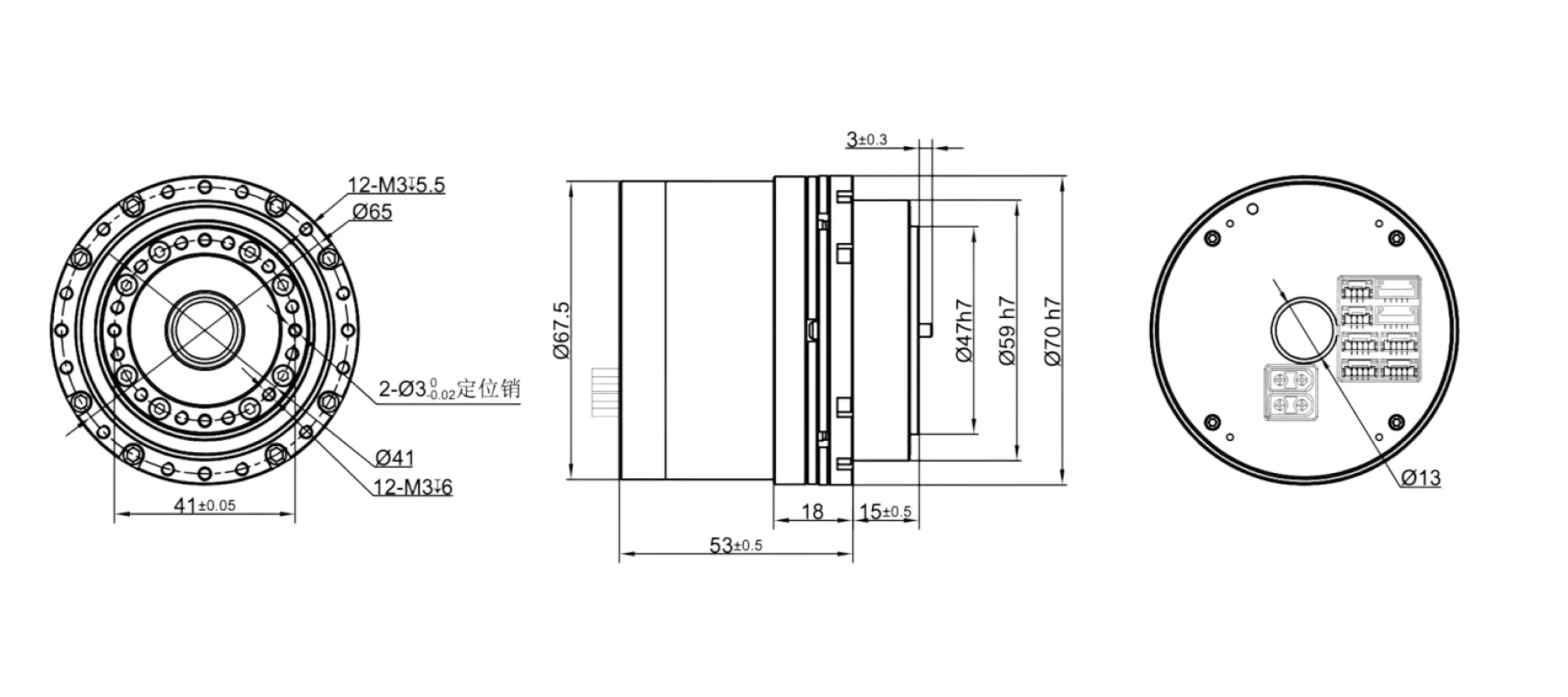 RHU20L-70谐波关节模组外形与安装尺寸图