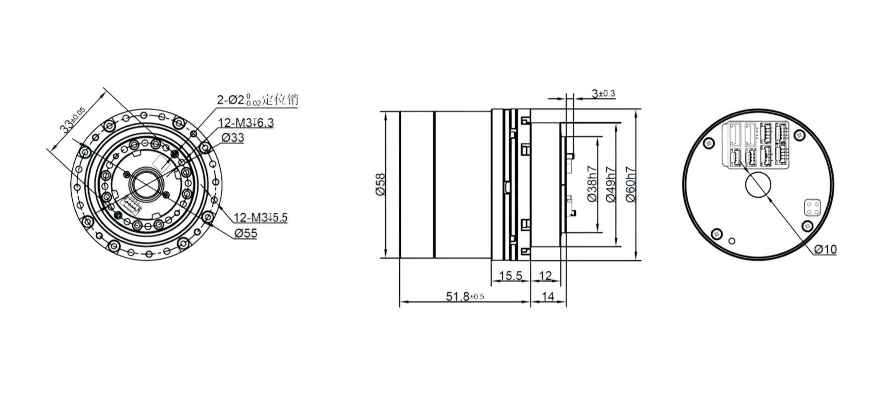 RHU17L-60-N-F Harmonic Joint Module Outline and Mounting Dimensions