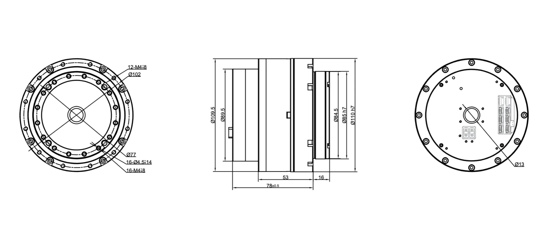 PHU25H-110谐波关节模组外形与安装尺寸图