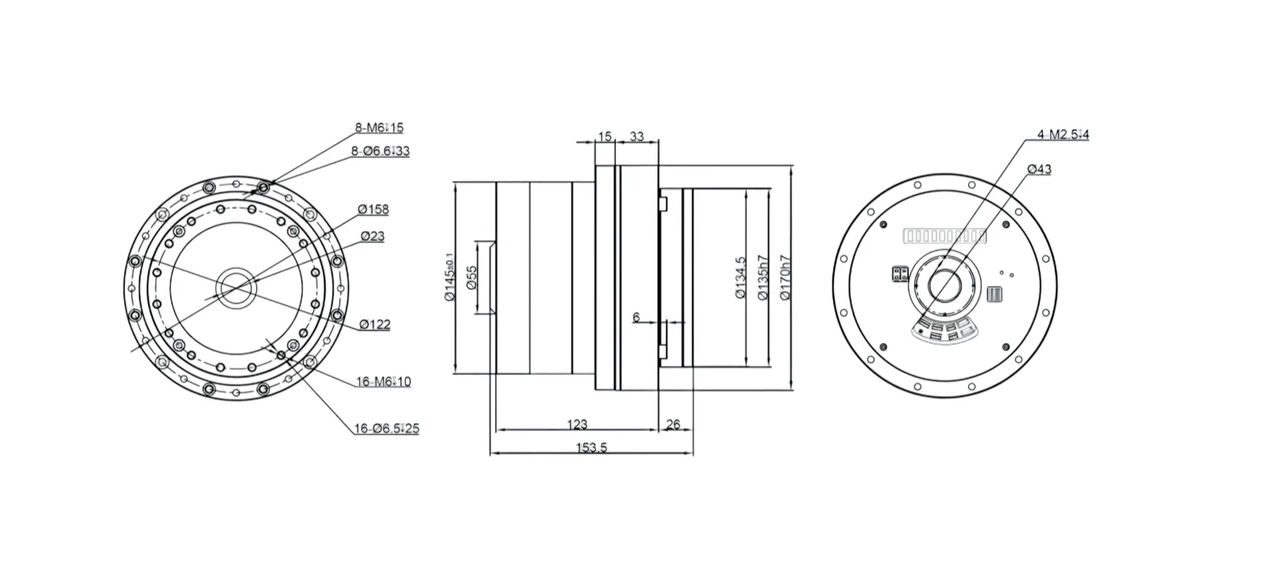 PHU40H-170谐波关节模组外形与安装尺寸图