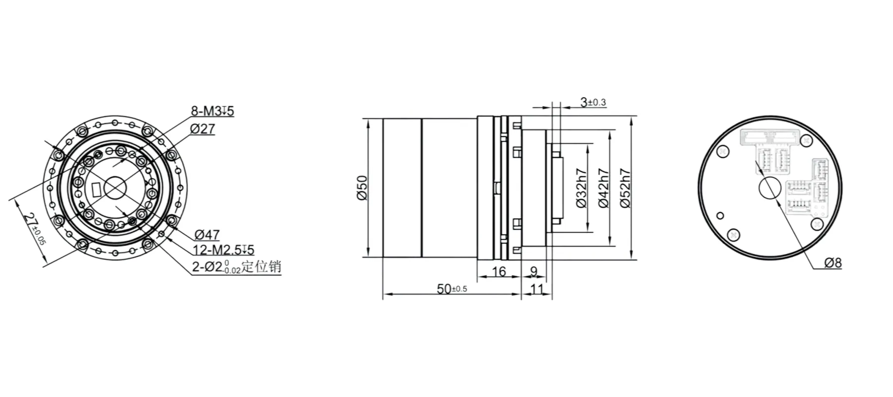 RHU14L-52-N-F谐波关节模组外形与安装尺寸图