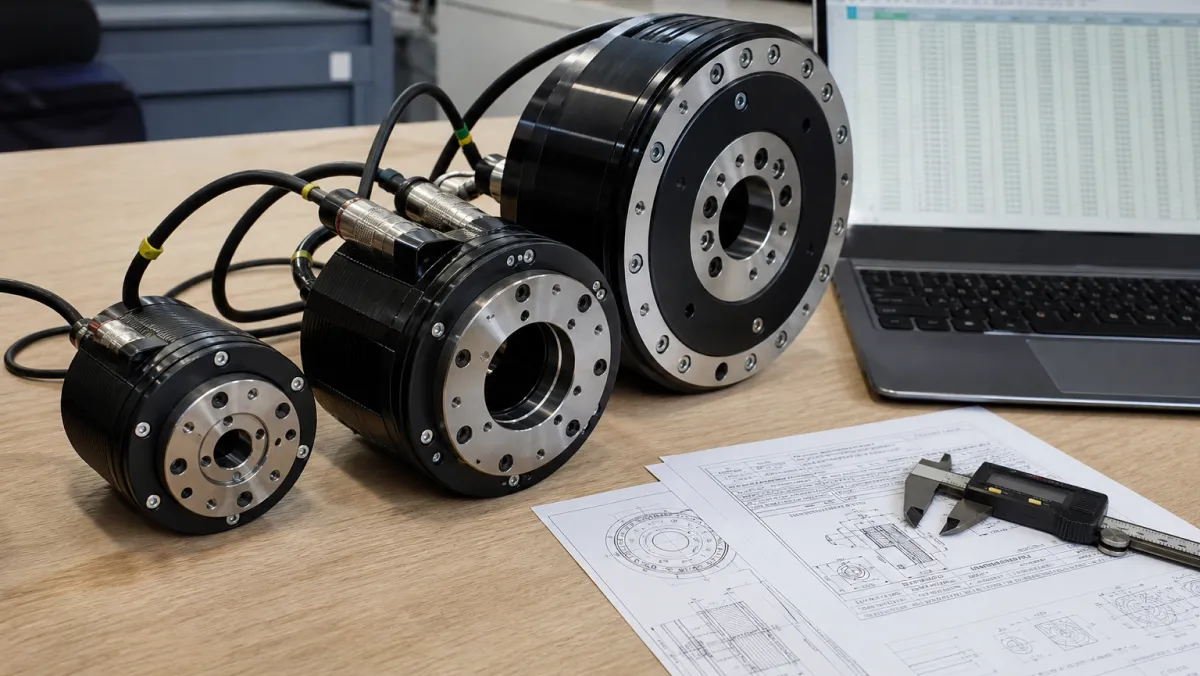 Engineer comparing datasheets while selecting a robot joint actuator at a workbench